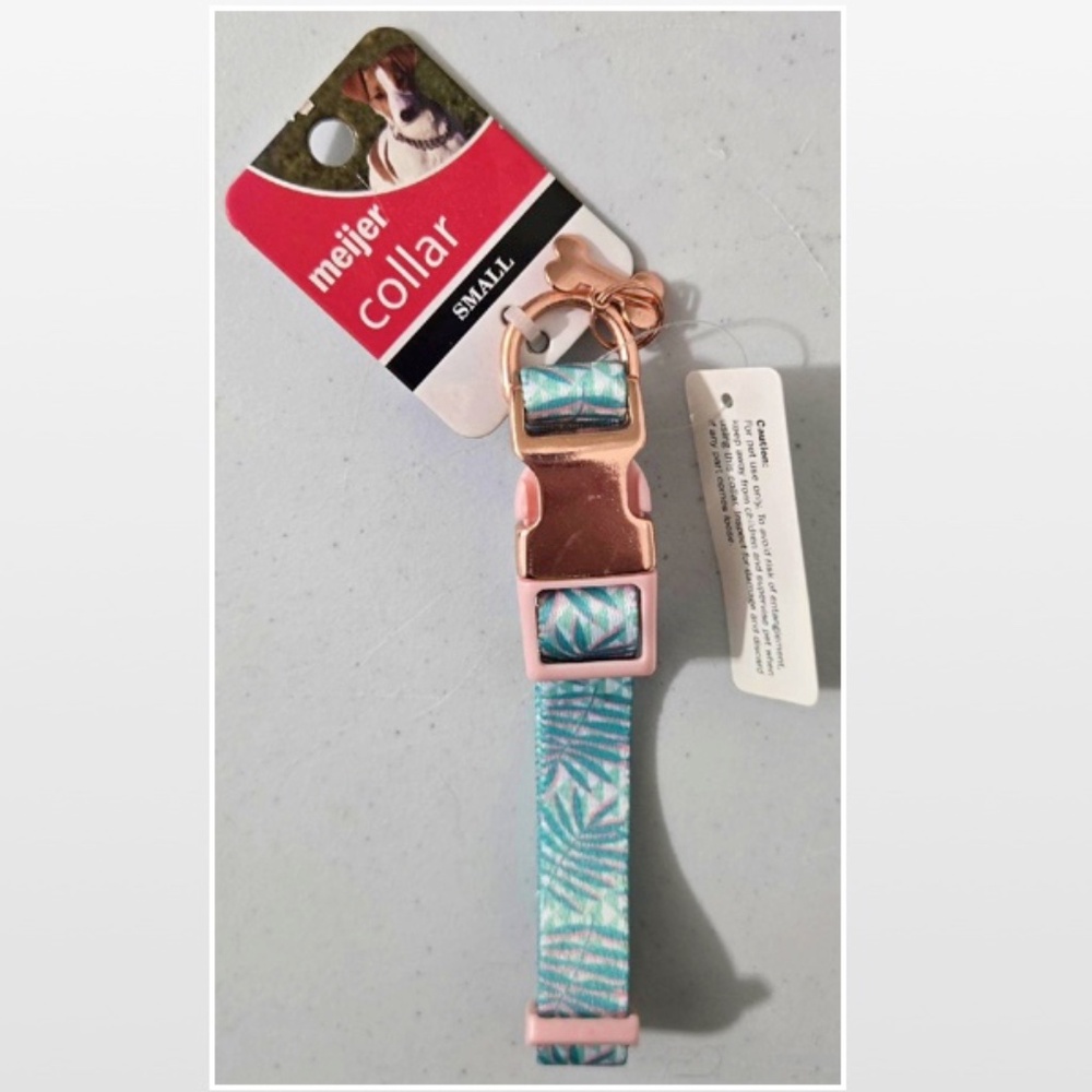 New Dog Collar Small Adjustable Pet Animal Green Tropical Leaves Pink NWT